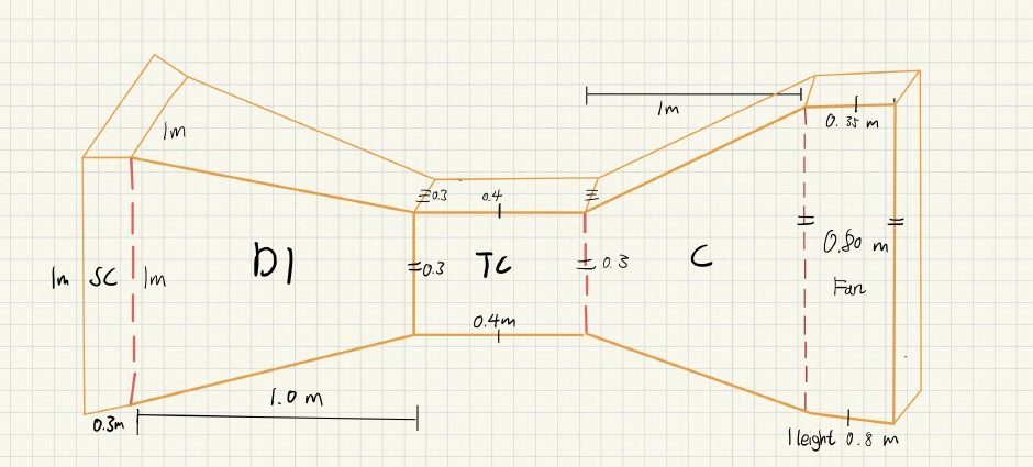 Hand-drawn dimensioned design sketch of the wind tunnel on graph paper